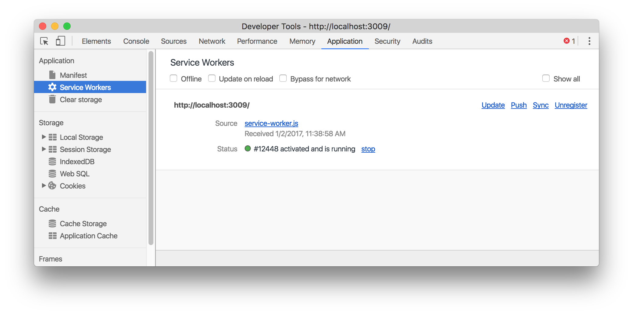 Dev Tools Service Workers
