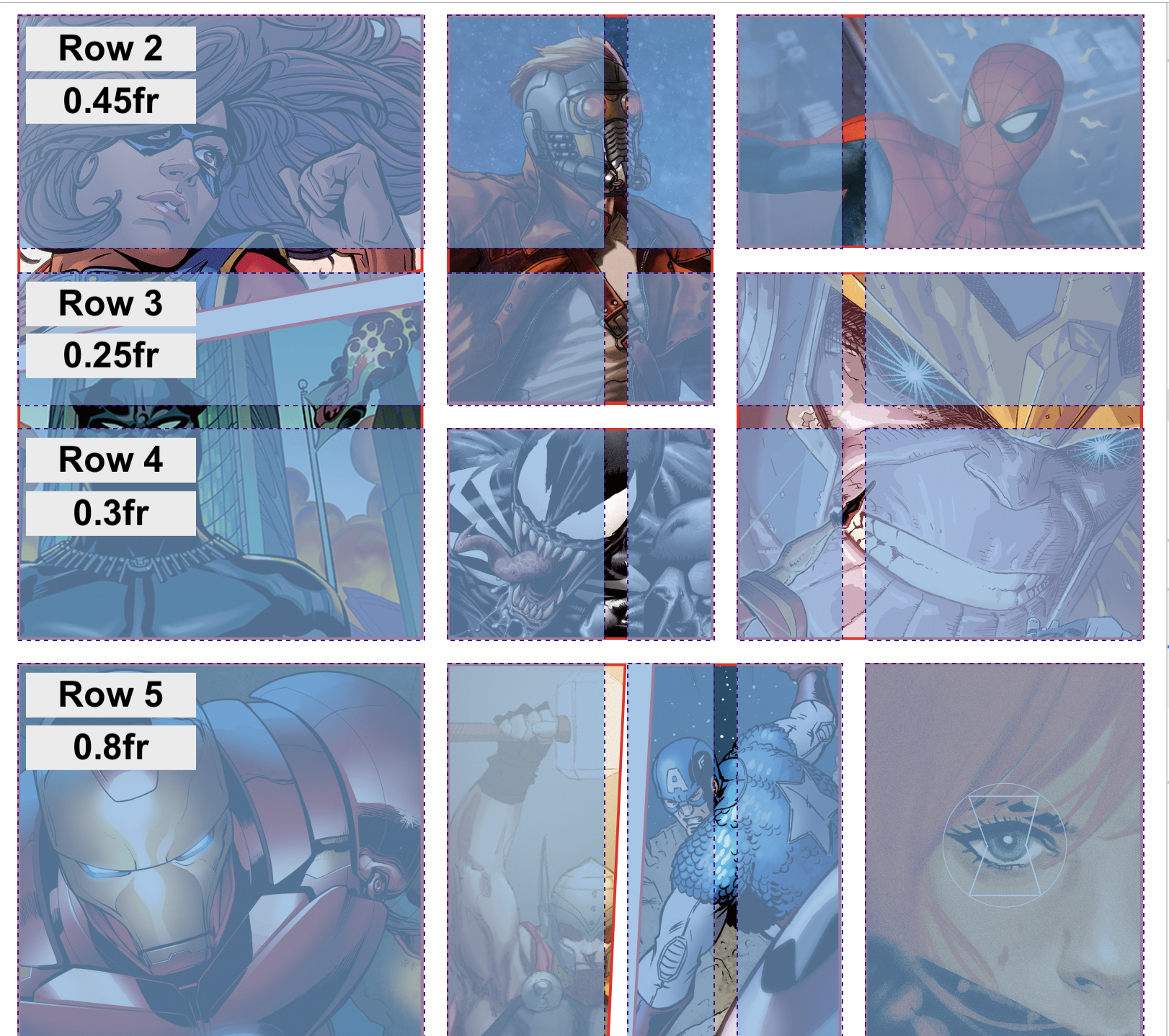 Marvel site with rows highlighted