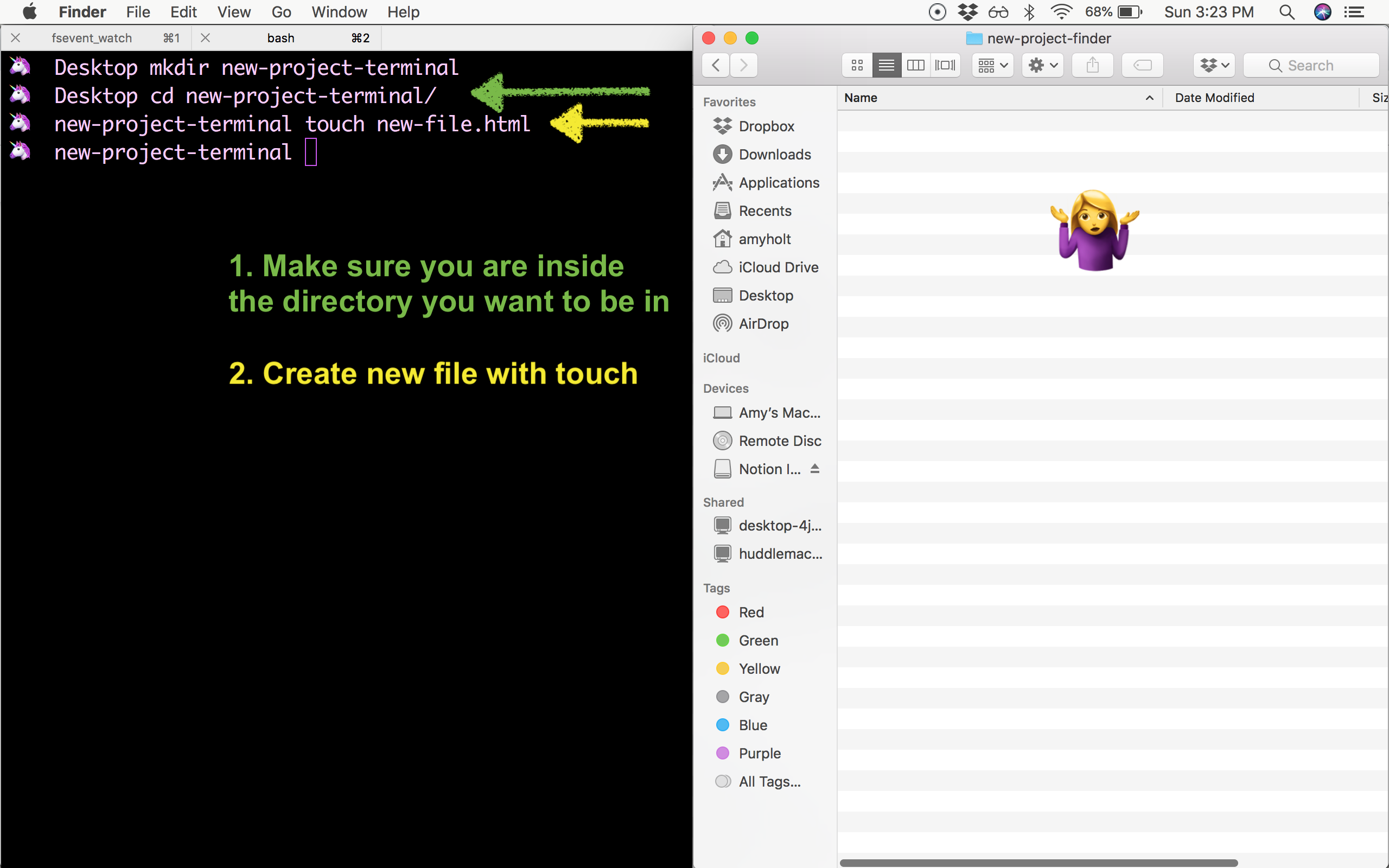 make a new file in a directory in terminal for mac